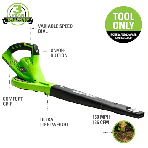 Greenworks 40V (150 MPH / 130 CFM / 75+ Compatible Tools) Cordless Leaf Blower, Tool Only