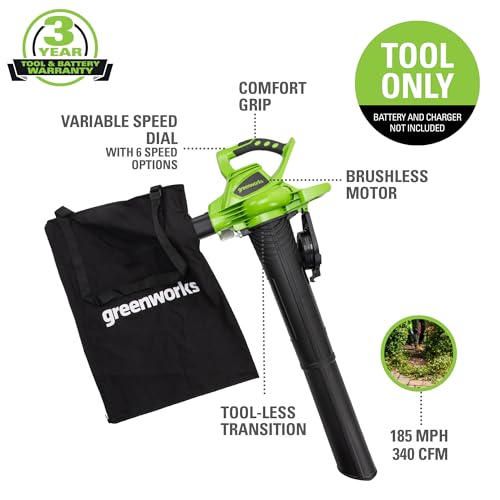 Greenworks 40V (185 MPH / 340 CFM / 75+ Compatible Tools) Cordless Brushless Leaf Blower / Vacuum, Tool Only