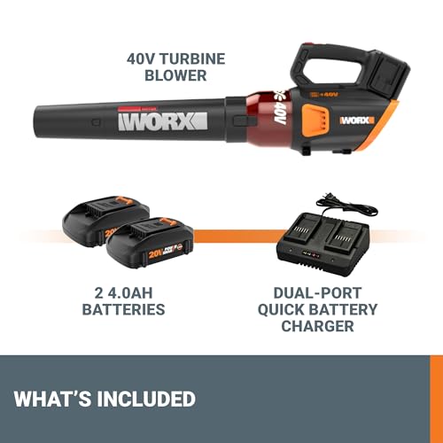 Worx 40V Turbine Leaf Blower Cordless with Battery and Charger, Brushless Motor Blowers for Lawn Care, Compact and Lightweight Cordless Leaf Blower WG584 – 2 Batteries & Charger Included