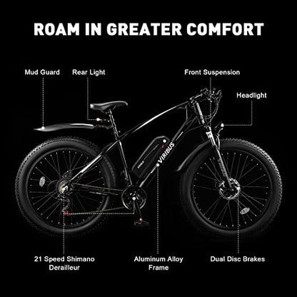 Viribus Electric Bike for Adults, 25mph 40+ Mile Range Fat Tire E Bike with Shimano 21 Speed