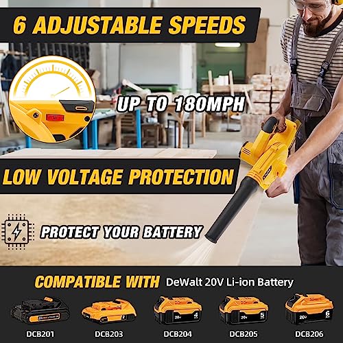 Cordless Leaf Blower for Dewalt 20V Max Battery,Electric Jobsite Air Blower with Brushless Motor,6 Variable Speed Up to 180MPH,2-in-1 Handle Electric Blower and Vacuum Cleaner(Battery Not Included)