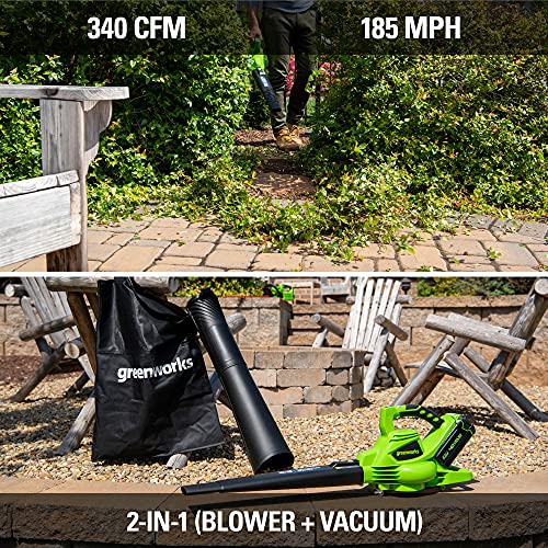 Greenworks 40V (185 MPH / 340 CFM / 75+ Compatible Tools) Cordless Brushless Leaf Blower / Vacuum, Tool Only